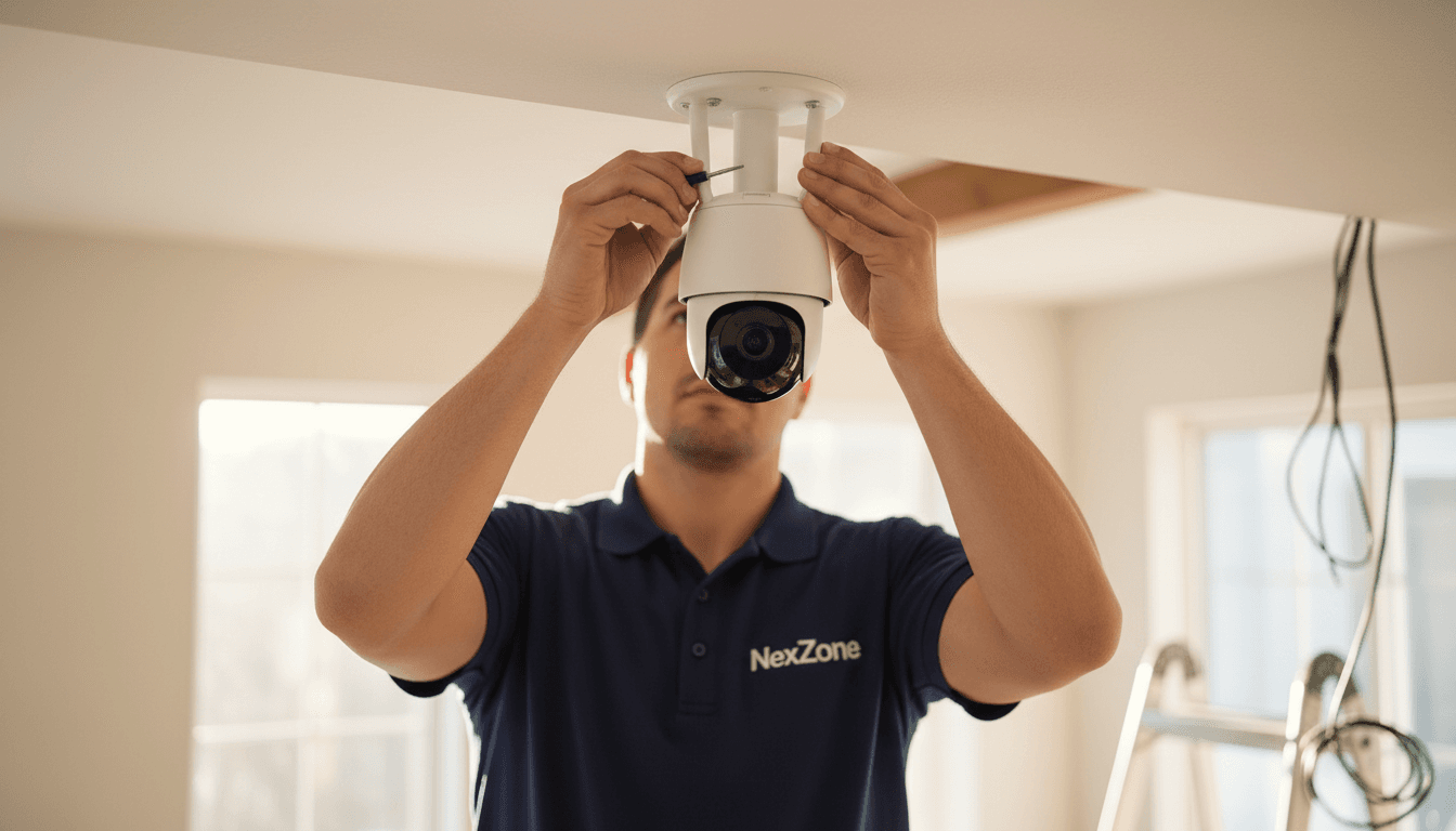 Technician professionally installing a modern security camera in a residential setting