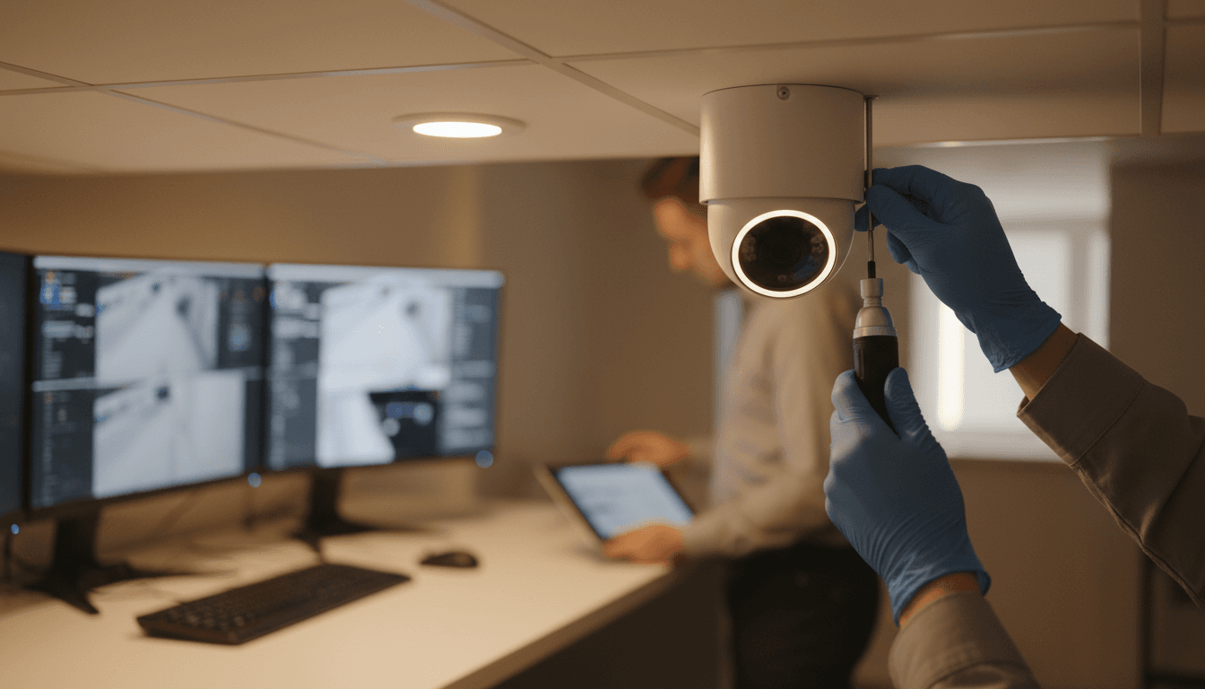 NexZone technician professionally installing an IP CCTV camera in a modern interior