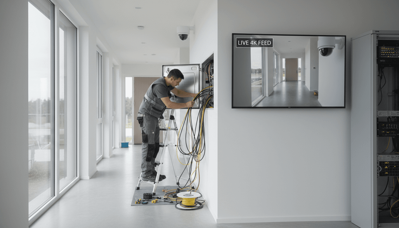 Professional 4K CCTV installation in residential building with organized cable routing and monitoring setup