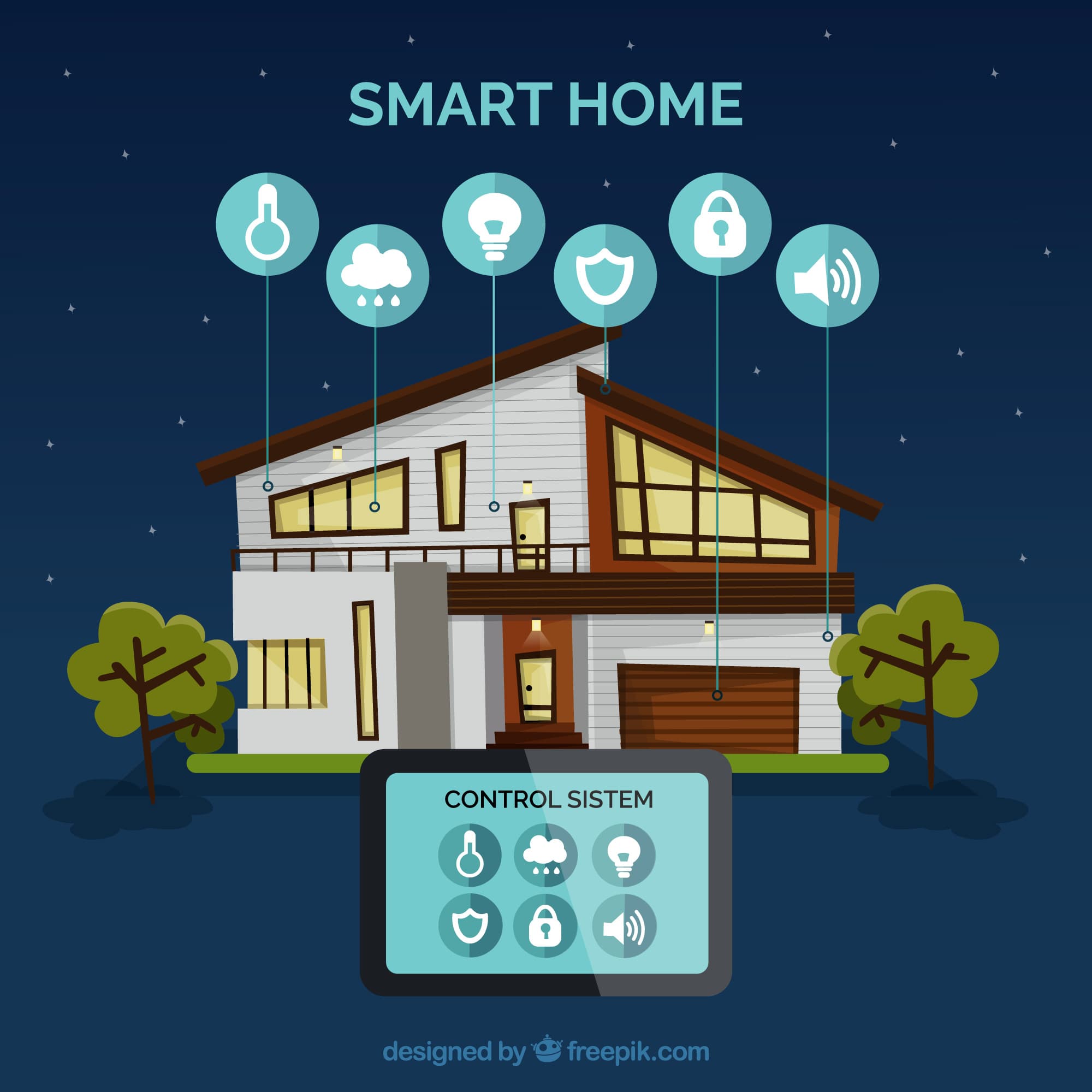 Modern house at night with floating smart home icons and a tablet control system.