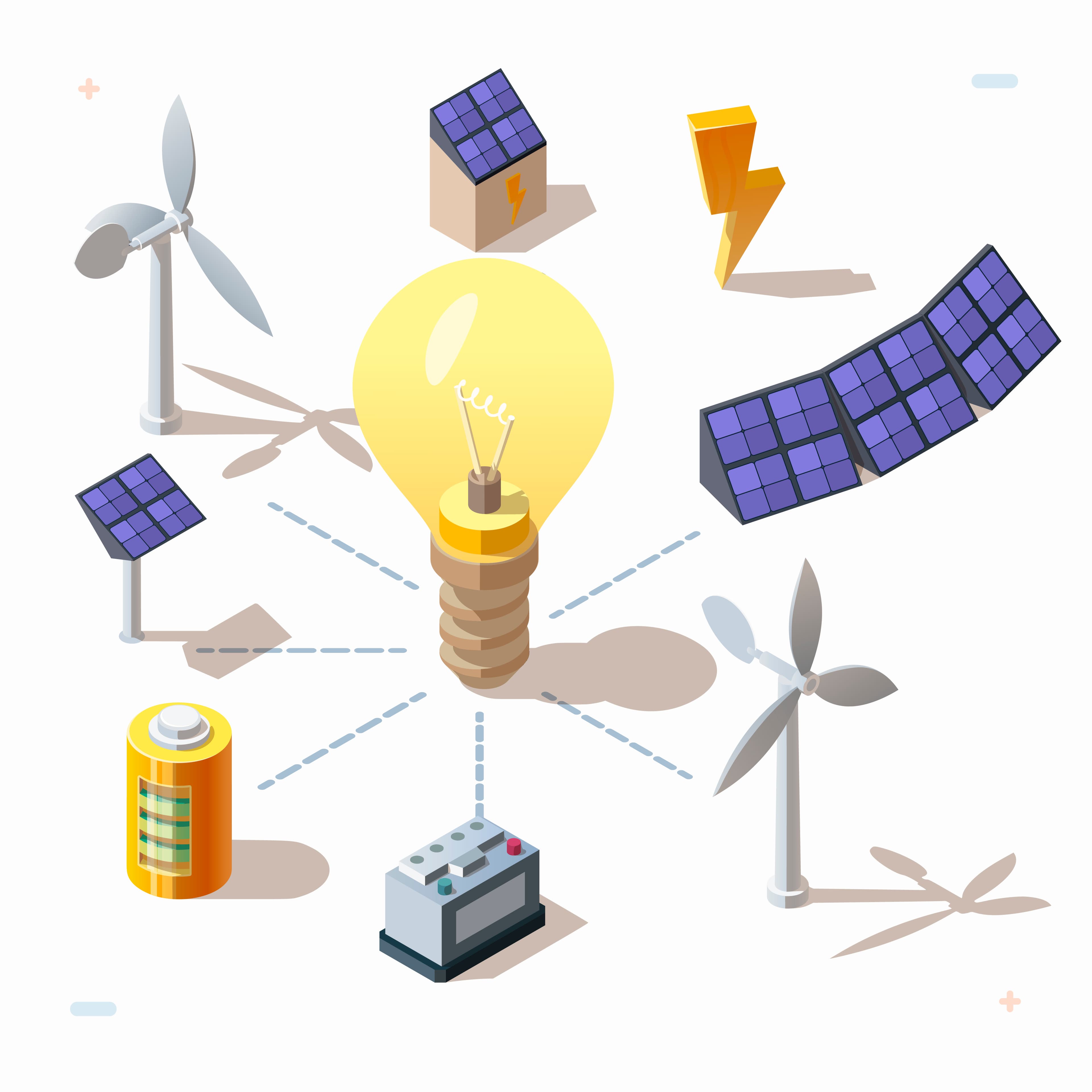 Isometric illustration of a light bulb connected to solar panels, wind turbines, and batteries.