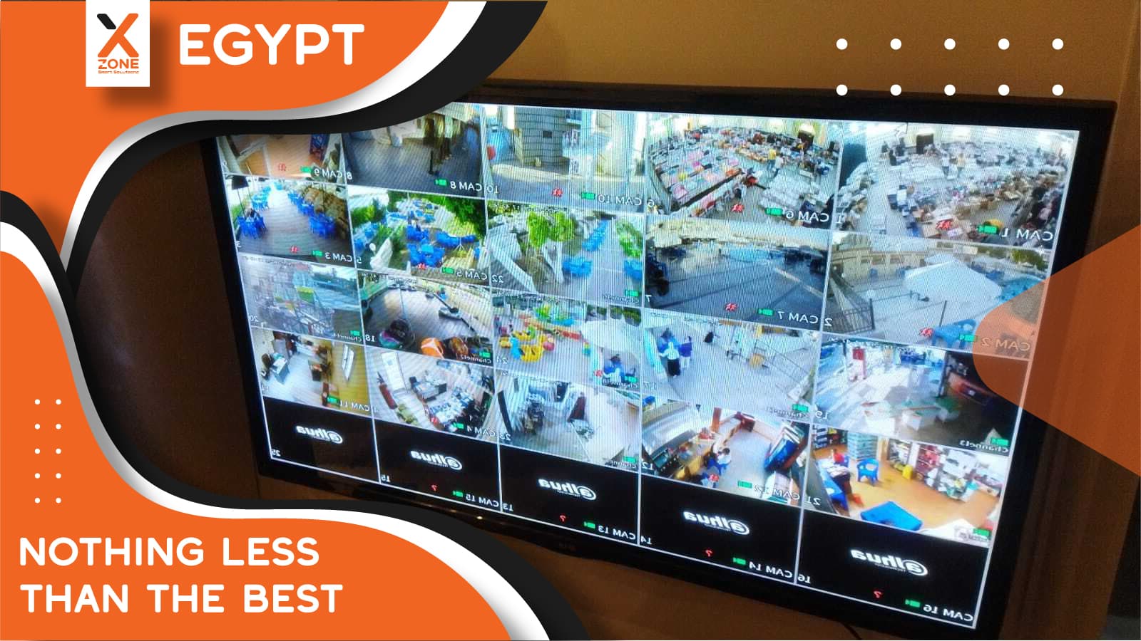 Security monitor displaying multiple camera feeds with Egypt and "Nothing Less Than The Best" text.