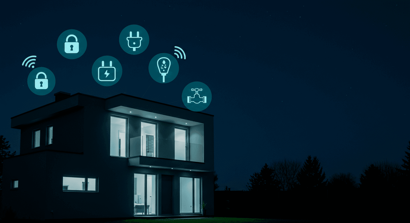 Modern house at night with glowing icons representing smart home security, energy, and water management.